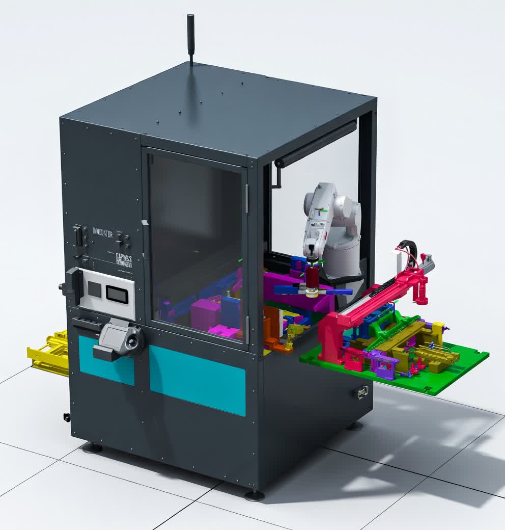 Palletizer concept study showing 3D layout and robot reach analysis