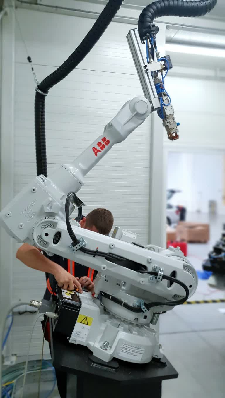 Robot welding gun installation with TCP calibration and wire feed setup