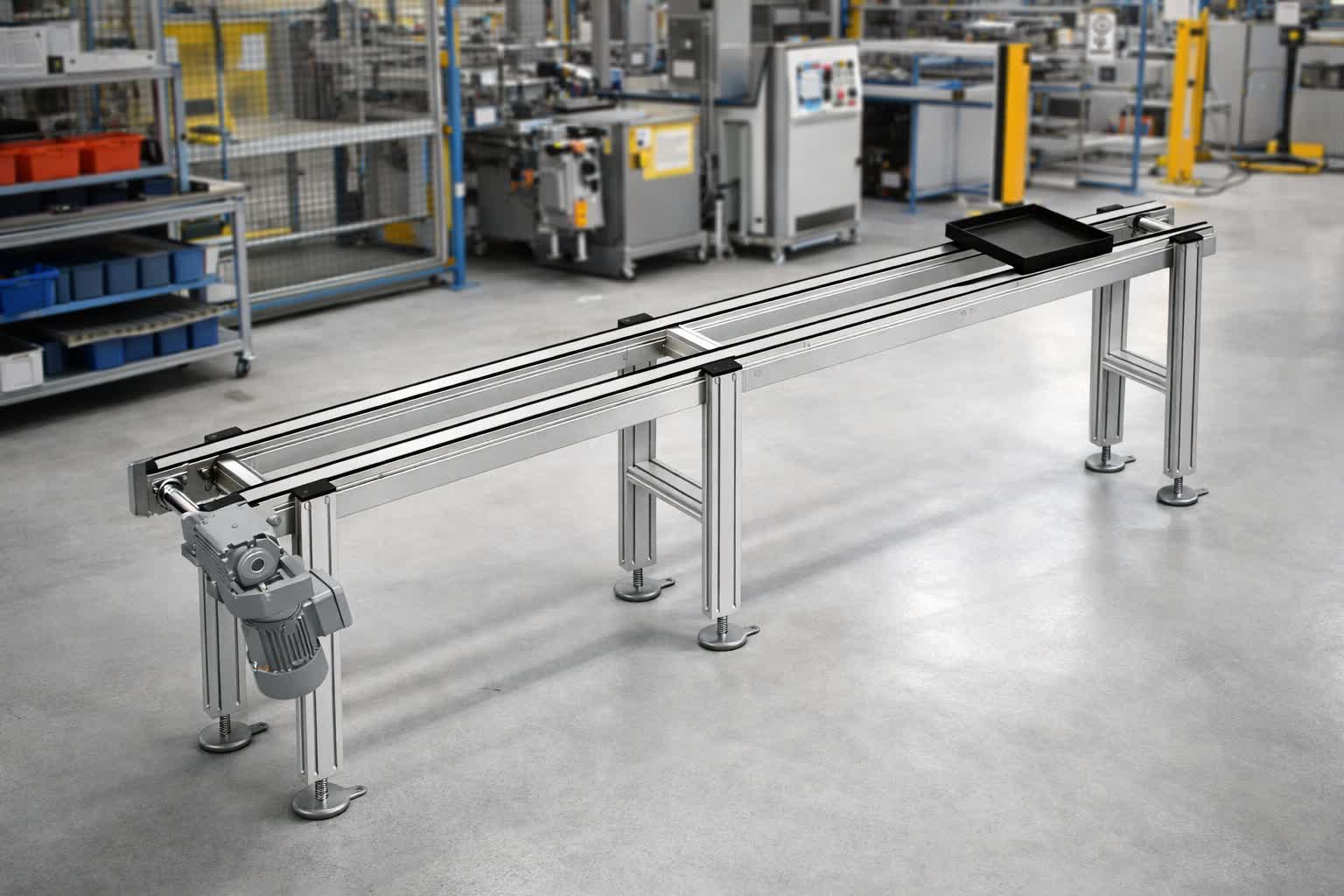 Modular conveyor system for pallet transport up to 120kg with RFID tracking and custom carrier design